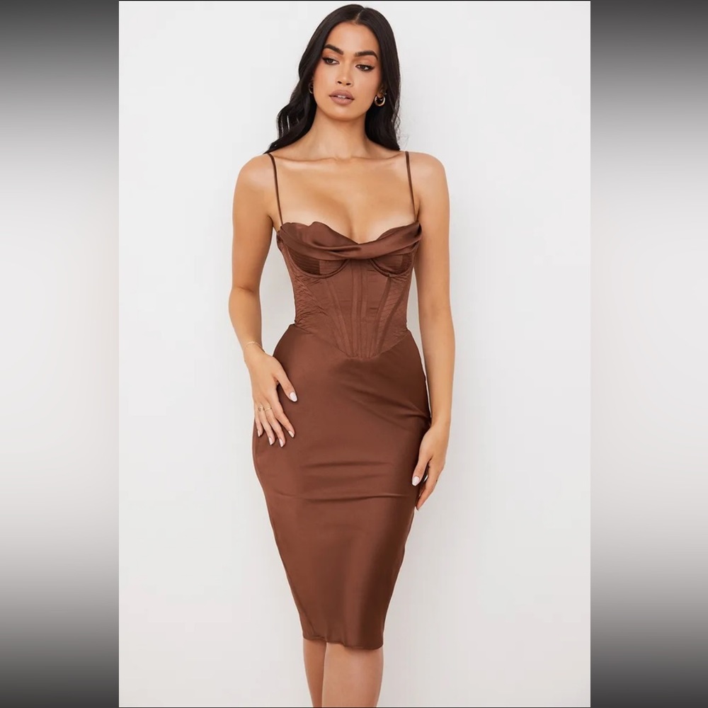 HOUSE OF CB 'Myrna' Chocolate Satin Corset Slip Dress/Size S US 4-6